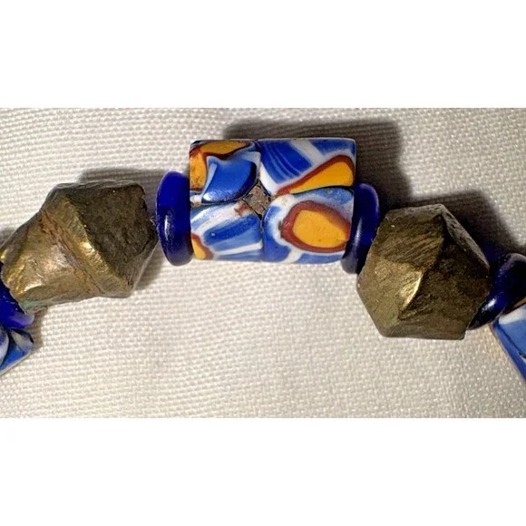 Bracelet Venetian Millefiori Glass African Trade Beads Yellow Blue Cylindrical - Picture 7 of 12